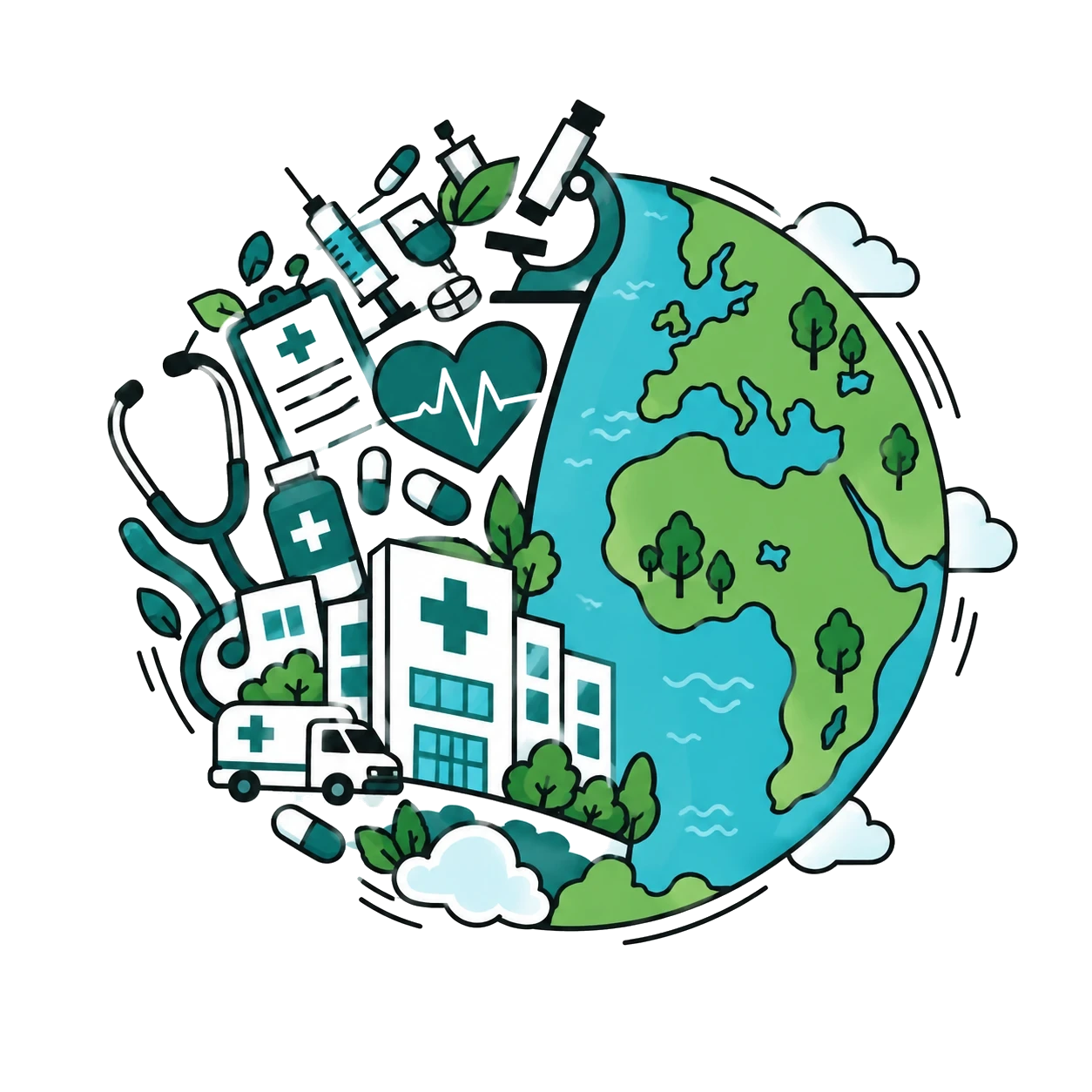 Illustration of global healthcare - hospitals, clinics and care connected worldwide